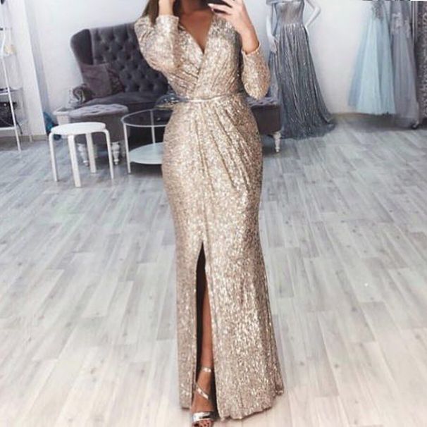 Women's Clothing Women's long dress evening dress deep V-neck sparkling evening sexy dress_ecoleips.com