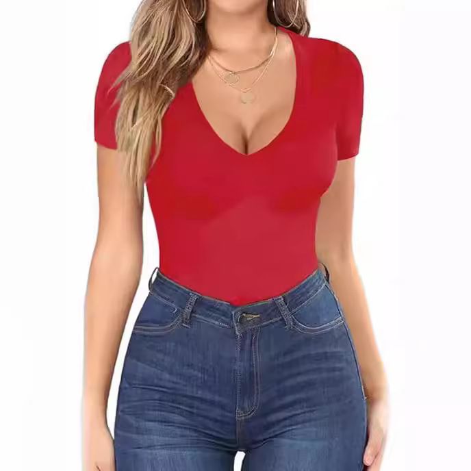 Women's Clothing T Shirt Women's Summer Pullover Short Sleeved Slim Outerwear Top High End V Neck Pink_ecoleips.com