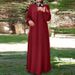 In-stock Muslim Women's New Cross-border Arab Solid Color Dress With Ribbon, Puff Sleeves, Loose Fit, And Round Neck_ecoleips.com
