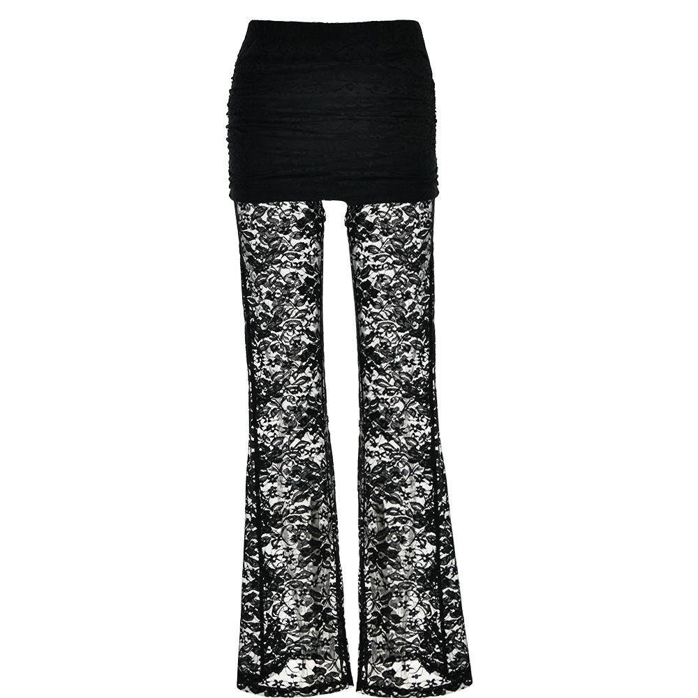 Women's Clothing New Fashion Sexy Versatile Pants Lace Splicing Slim See Through High Waist Flared Pants For Women_ecoleips.com