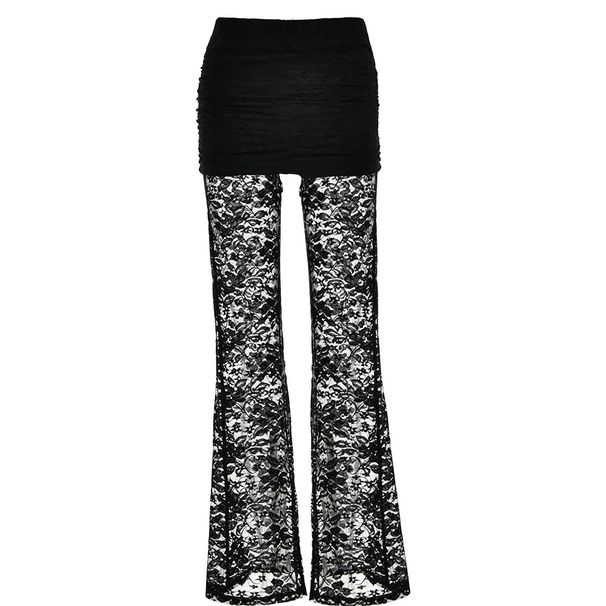 Women's Clothing New Fashion Sexy Versatile Pants Lace Splicing Slim See Through High Waist Flared Pants For Women_ecoleips.com