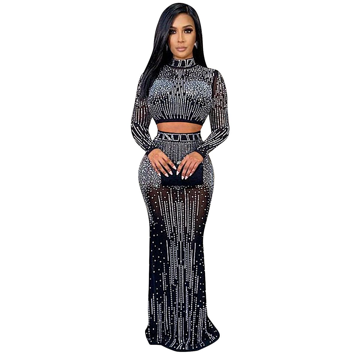 Women’S Mesh Long Sleeve Dress & Lace Top Two-Piece Set – Elegant Sheer Evening Gown, Sexy Clubwear With Rhinestone Details_ecoleips.com