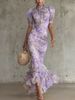 K New Bubble Sleeve Printed Slim Fit Long Dress With Fashionable Pleated Design. No Necklaces Or Other Accessories_ecoleips.com