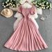 Women's Clothing Green Temperament Lace Up Square Neck Puff Sleeve Dress For Women Summer Pleated Waist Slim Long Skirt_ecoleips.com