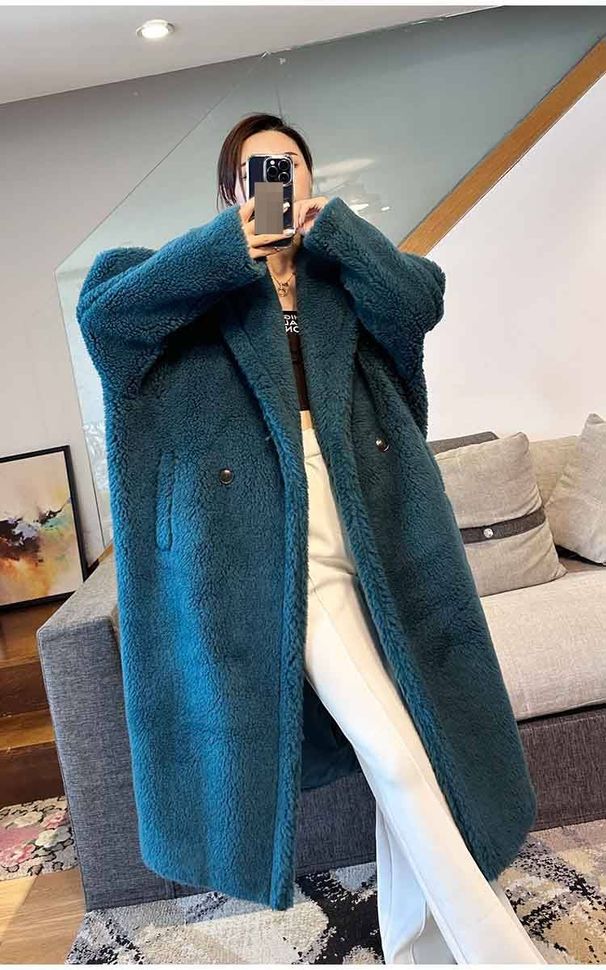 Luxury Teddy Coat Women's Long Alpaca Wool Winter Coat With Oversized Silhouette, Polo Collar, And Pockets_ecoleips.com