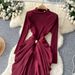 Elegant Semi-High Neck Pleated Long Sleeve Dress For Women - Red Slim Fit A-Line Midi Dress For Sophisticated Style_ecoleips.com