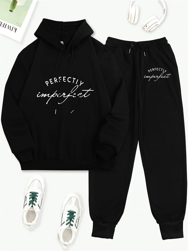 Women's Autumn And Winter Fashion Casual Letter Pattern Print Thickened And Plush Warm Hooded Sweatshirt+sports Pants Set-798_ecoleips.com