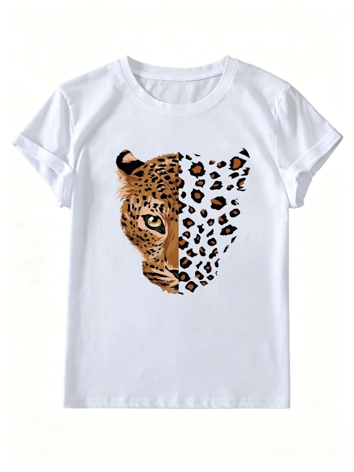 Trendy Dual Style Leopard Head Art Women T Shirt, Abstract Split Wild Feline Spot Print Round Neck Short Sleeve Aesthetic Daily Wear Tee_ecoleips.com