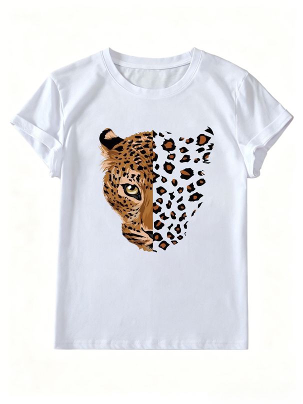 Trendy Dual Style Leopard Head Art Women T Shirt, Abstract Split Wild Feline Spot Print Round Neck Short Sleeve Aesthetic Daily Wear Tee_ecoleips.com