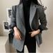 Chic Korean Autumn Retro Notched Lapel Two-Button Loose-Fit Herringbone Blazer For Women_ecoleips.com