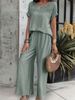 Summer Cross-border European American New Round-neck Loose Casual Patchwork Lace-trimmed Top And Pants Set_ecoleips.com