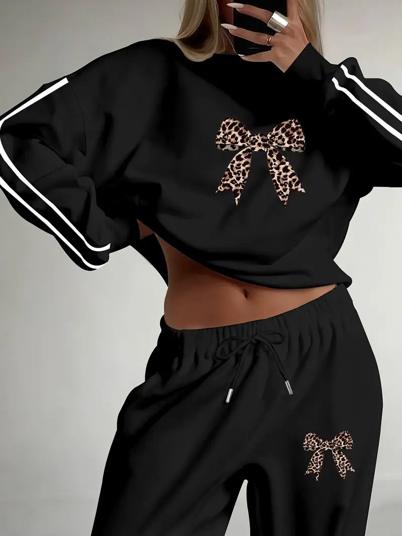 Women's Autumn Winter Bow Print Fleece Lined Thick Sports Sweatshirt Set Casual Loose Fit Pattern_ecoleips.com