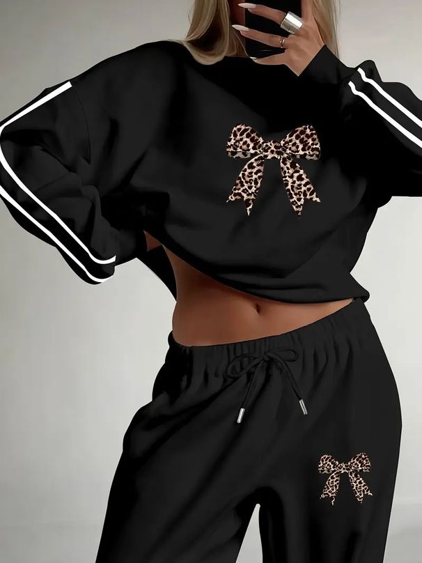 Women's Autumn Winter Bow Print Fleece Lined Thick Sports Sweatshirt Set Casual Loose Fit Pattern_ecoleips.com