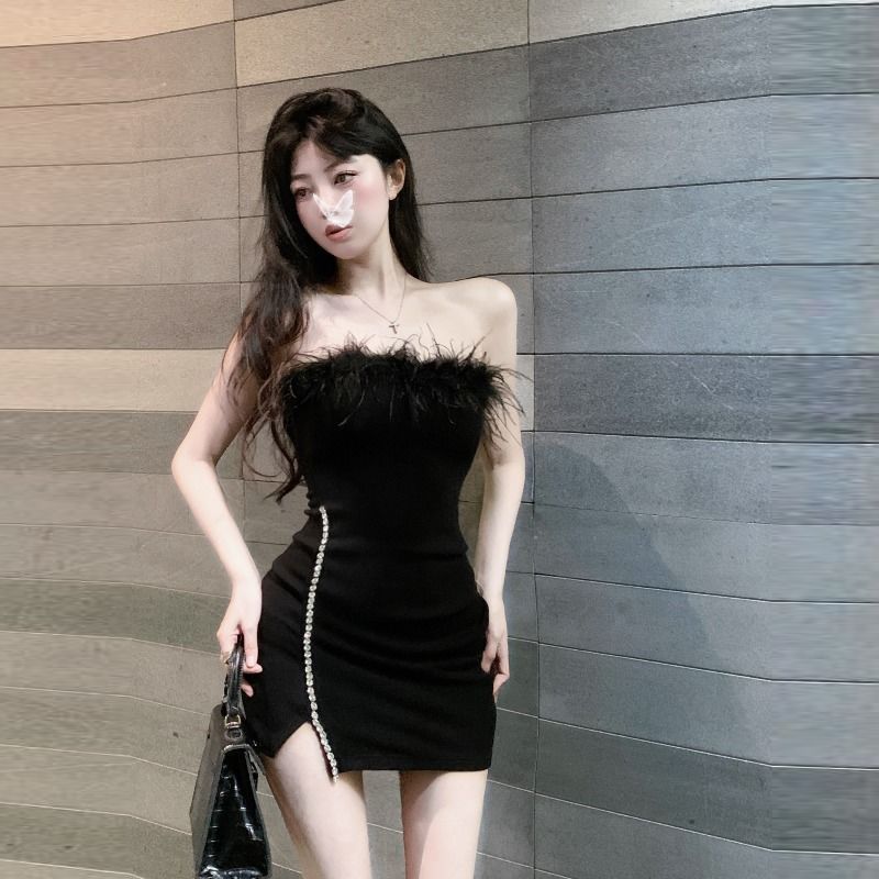 Strapless Dress Women Feather Collar Beaded Slit Birthday Party Wrapped Dresses_ecoleips.com
