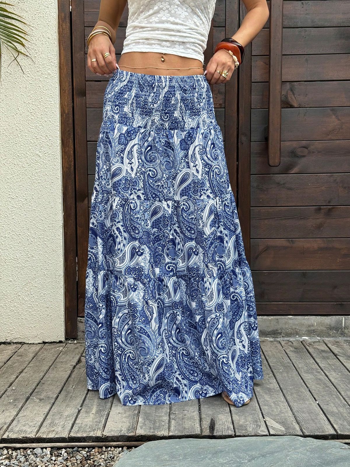 Vacation Style Stretchy Waist Long Maxi Skirt - Flowy Beach Skirt With Elastic Waistband_ecoleips.com