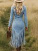 Vintage Western Cowgirl Fringe Hem Slim Fit Dress With Suede Fabric - Boho Chic Flowy Long Sleeve Party Dress (Camel, Silver Gray, Pink, Sky Blue)_ecoleips.com