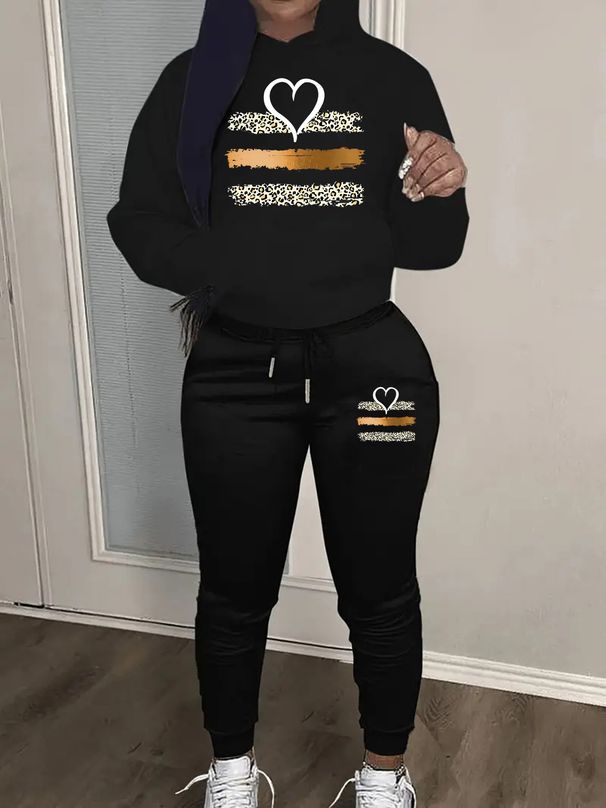 Women's Autumn And Winter Fashionable Casual Leopard Print Heart-shaped Pattern Print Thick And Plush Warm Hooded Sweatshirt+sports Pants Set-791_ecoleips.com