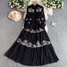 Women's Retro Style Embroidered Round Neck Dress Sweet Tie Waist Slimming Ruffled Long Skirt Spring Autumn_ecoleips.com