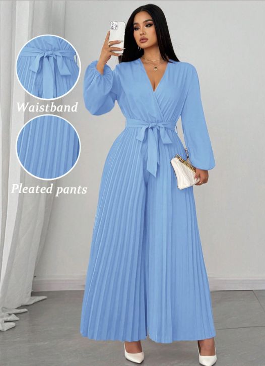 2026 Curvy Crisscross Collar Pleated Long Sleeve Jumpsuit, Self Tie Waist Bow Elegant Versatile Outfit_ecoleips.com