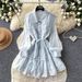 French Retro Notched Lapel Tie-Waist Lace Trim Dress For Women, Mint Green A-Line Office Casual Dress_ecoleips.com