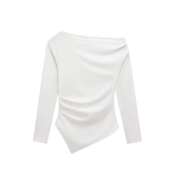 Women's Asymmetrical Pleated T-Shirt Long Sleeve Solid Color European And American Style Top for Autumn Foreign Trade_ecoleips.com