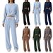Women's Solid Color Drawstring Waist Wide Leg Trousers Casual Long Pants Set_ecoleips.com