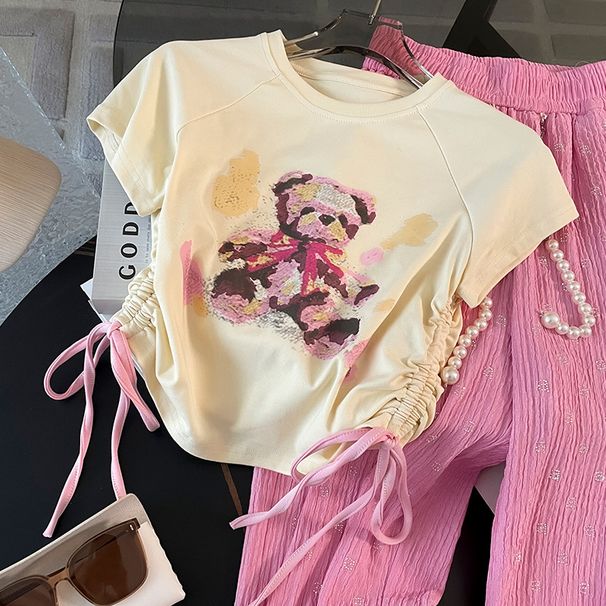 Women's New Short-sleeved Simple Wide-leg Pants Suit Summer Pink Temperament Leisure Medium And Long Fashion Two-piece Suit_ecoleips.com