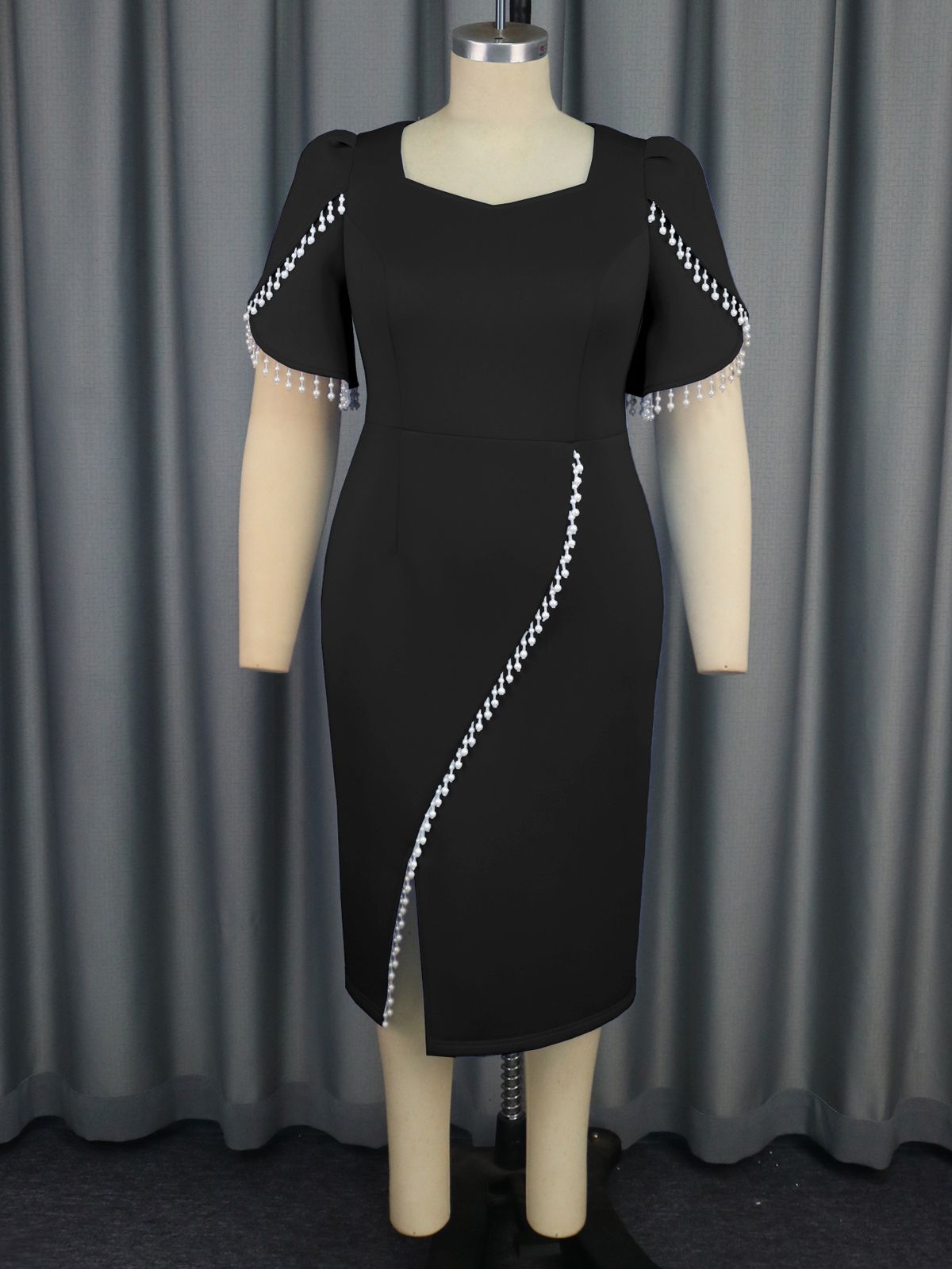 Women's Clothing Plus Size Elegant Women's Dress Square Neck Pearl Slit Skirt_ecoleips.com