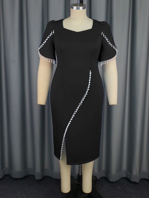 Women's Clothing Plus Size Elegant Women's Dress Square Neck Pearl Slit Skirt_ecoleips.com
