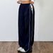 AC789 New Summer Thin Dark Blue Sports With Side Stripes, Elastic Waist And Drawstring, Casual Pants For Women_ecoleips.com