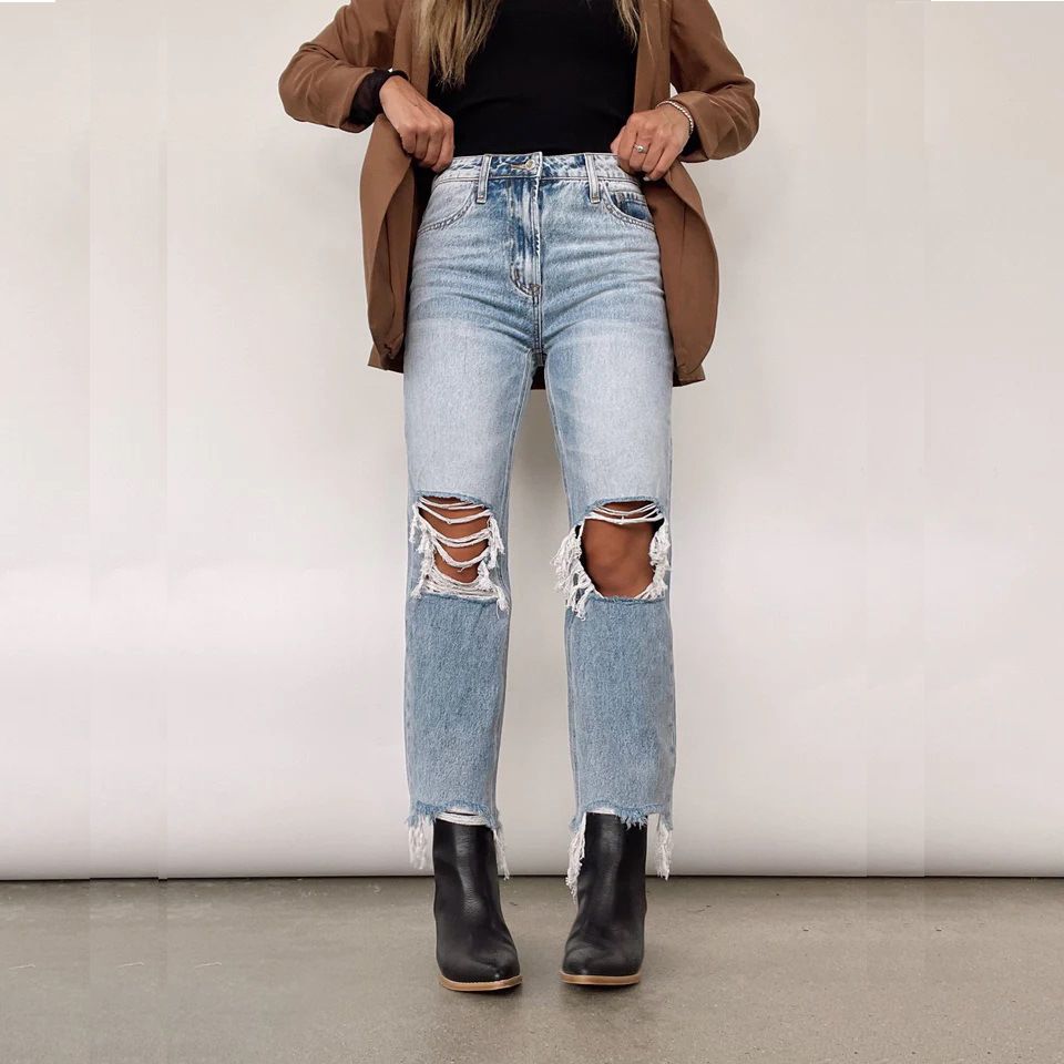 Cross-border European And American Women's Vintage High-waisted Ripped Straight-leg Jeans_ecoleips.com