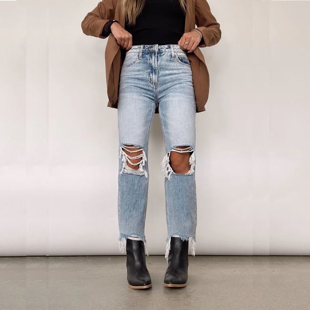 Cross-border European And American Women's Vintage High-waisted Ripped Straight-leg Jeans_ecoleips.com