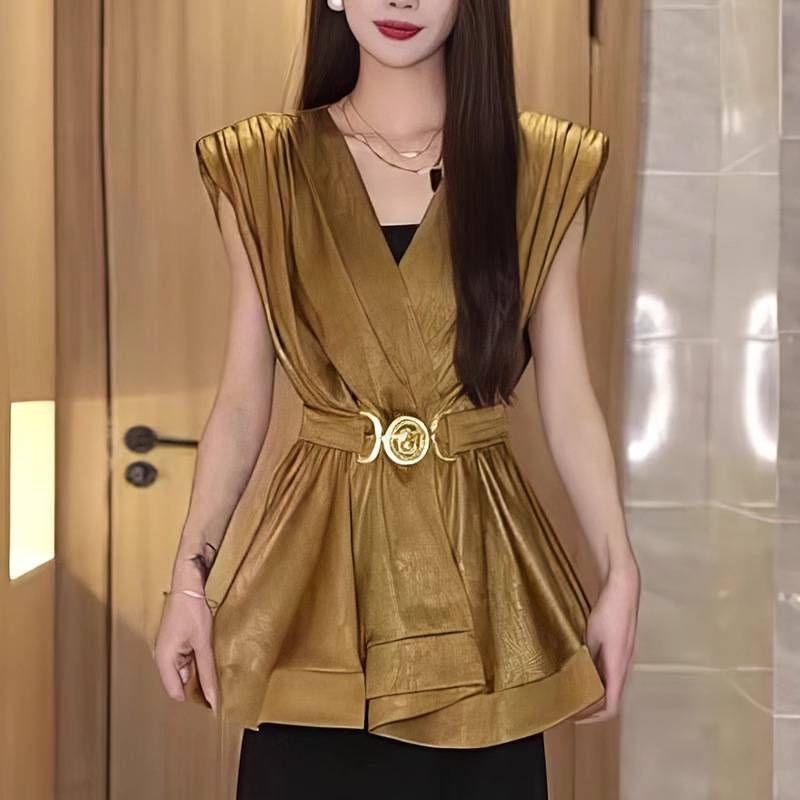 Women's Clothing Internet Celebrity Style High End V Neck Stylish Commuter Tops For Women Summer Shirt_ecoleips.com