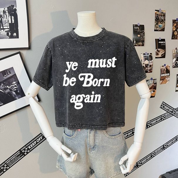 Women's Clothing Full Head Star Vintage Pure Cotton Washed Distressed Short T Shirt Female Washed Retro Loose Top_ecoleips.com