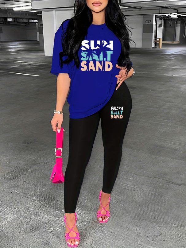 Women's Casual Fashion SUN Pattern Printed Loose T-shirt+cropped Pants Two-piece Home Sportswear Daily Wear-412_ecoleips.com