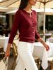 Burgundy Cable Pit Rib Knit Cardigan, Loose Lightweight Breathable Soft Skin-touch Button Long Sleeve Jacket_ecoleips.com