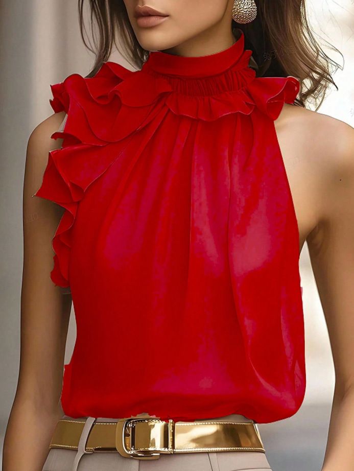 2026 Cross-Border European And American Fashionable Petal Collar Halter Neck Off-Shoulder Slim Fit Sleeveless_ecoleips.com