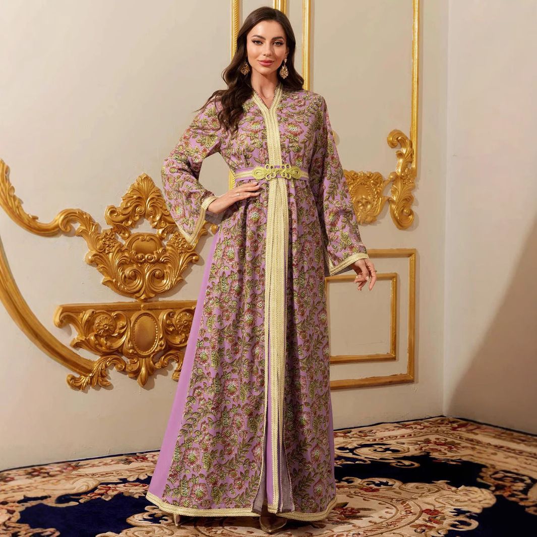 Women's Clothing Robe Evening Dress Long Skirt Belt Long Sleeve Printed Ladies Dress_ecoleips.com
