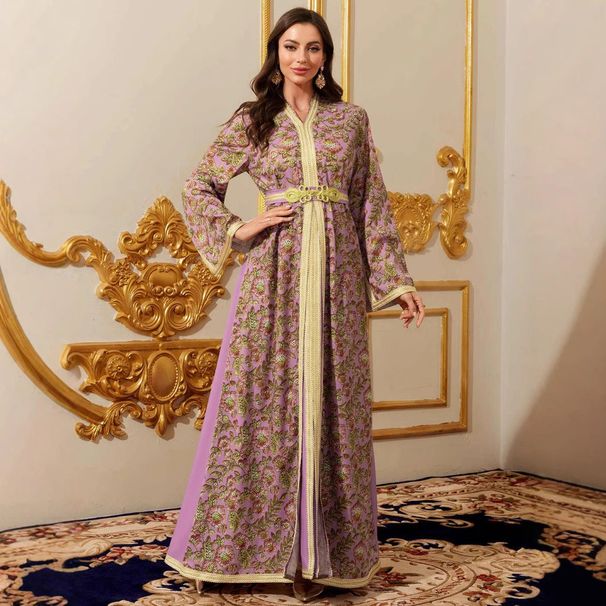 Women's Clothing Robe Evening Dress Long Skirt Belt Long Sleeve Printed Ladies Dress_ecoleips.com
