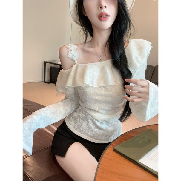 French-style Ruffled Off-shoulder Long-sleeve Shirt For Women, New Autumn Slim-fit Versatile Short Camisole Top_ecoleips.com