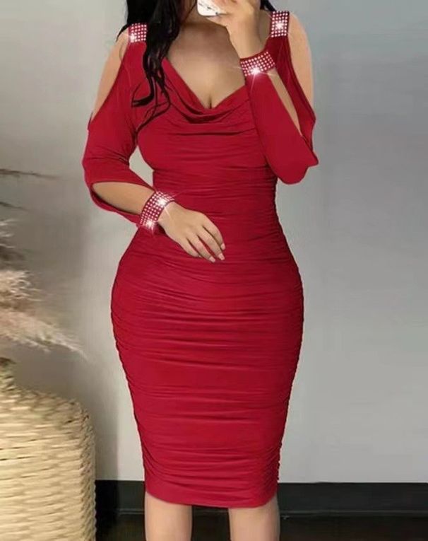 2023 Foreign Trade European And American Women's Clothing Rhinestone V-neck Pleated Bodycon Dress With_ecoleips.com