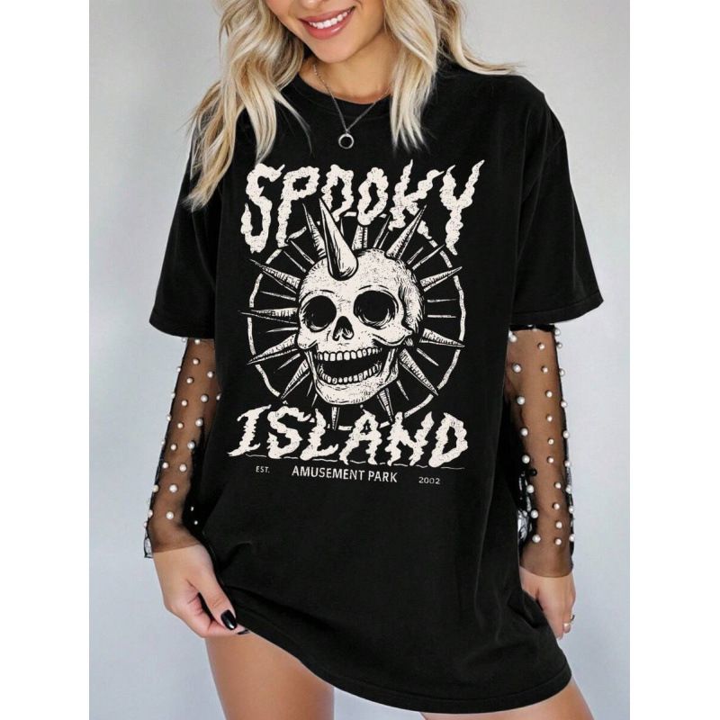 European Size Summer Casual Skull Print T-Shirt Pure Cotton EZwear Women's Clothing Tops_ecoleips.com