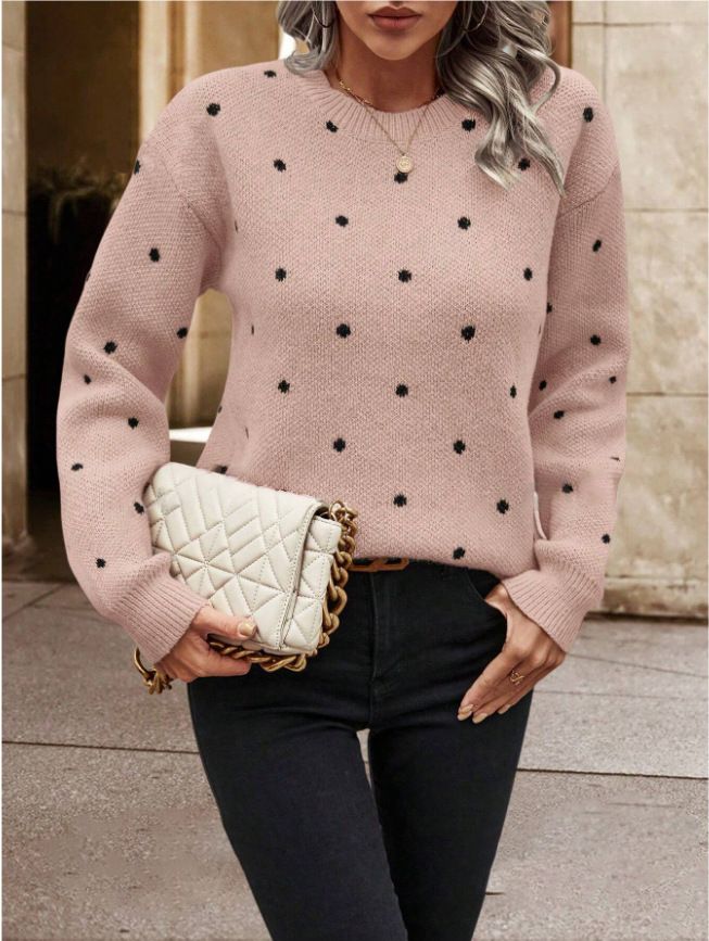 Elegant Round Neck Long Sleeve Sweater For Women – Polka Dot Jacquard Knit Pullover, Loose Fit Casual Comfort, Versatile Fall & Winter_ecoleips.com
