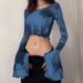 Factory Direct Sale European And American Cross-border Autumn Slim-fit Mesh Printed Bell-sleeve Patchwork Cropped_ecoleips.com