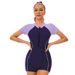 Women's Color-Block One-Piece Swimsuit Short Sleeve Conservative Tight Fit UPF Protection Flat Angle Zipper_ecoleips.com