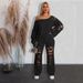 MX6120 Cross-Border Source New European And American Women's Fashion Casual Solid Color Distressed Loose Sweatshirt_ecoleips.com