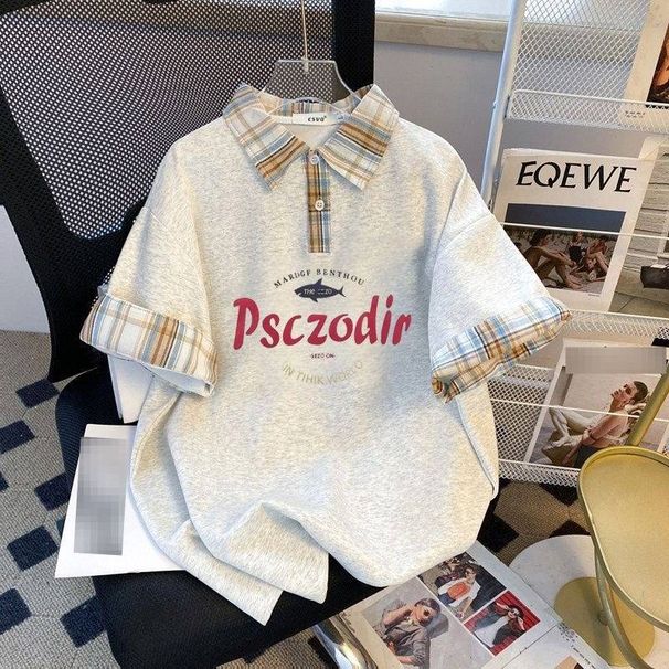 Vintage Cartoon Print Polo Shirt With Lace Trim Jeans - Preppy Style Casual Outfit Set For Women_ecoleips.com