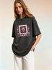 Women's Retro Rock Band Themed T-shirt, Washed Black Y2K Style Design, Printed With Pink Letter Pattern, Retro Street Style Top._ecoleips.com