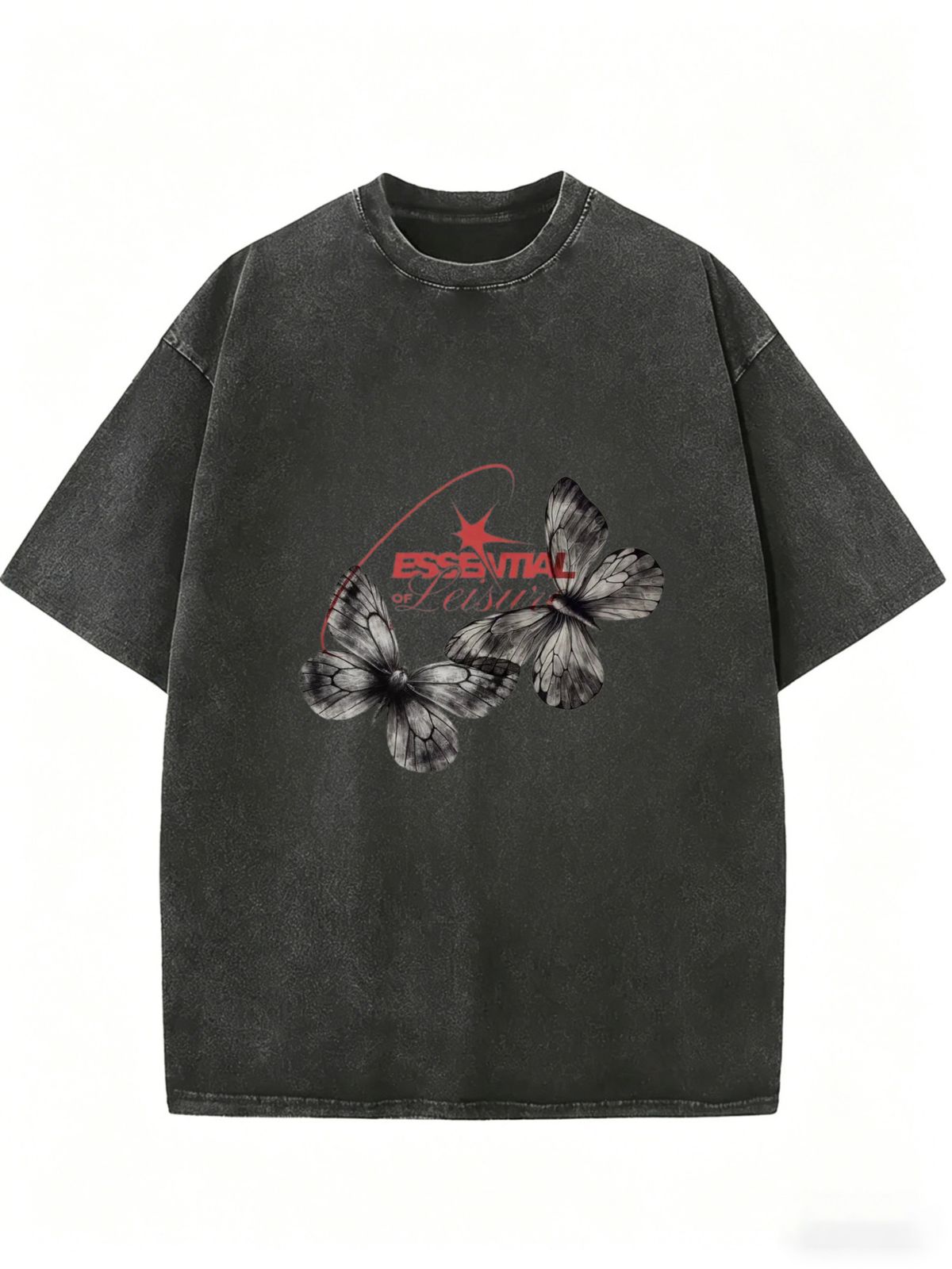 Vintage Butterfly Star Letter Graphic Acid Wash Washed Oversized T Shirt Men Women Crew Neck Short Sleeve Loose Street Casual Tee_ecoleips.com