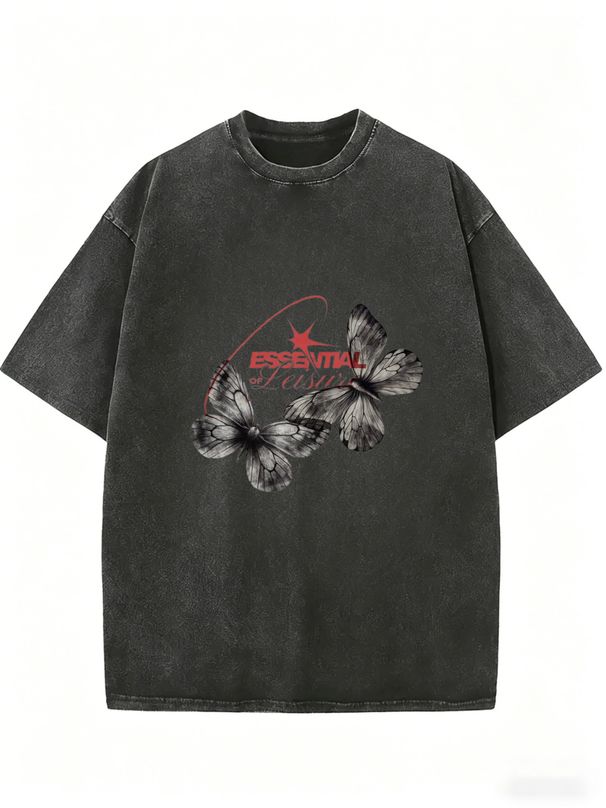 Vintage Butterfly Star Letter Graphic Acid Wash Washed Oversized T Shirt Men Women Crew Neck Short Sleeve Loose Street Casual Tee_ecoleips.com